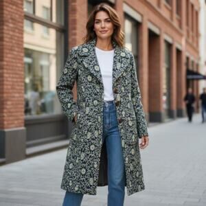 Green Floral Jacquard Tapestry Coat - Wood Button Long Jacket, Women's Small